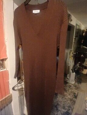 Calvin Klein Brown Ribbed V-Neck Long Sleeve Midi Dress